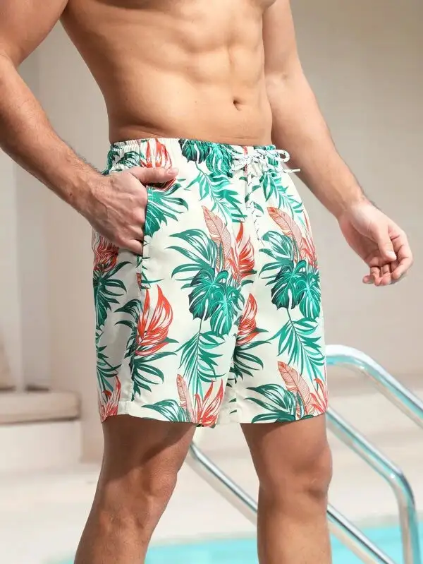 Men's Tropical Allover Print Drawstring Swim Trunks