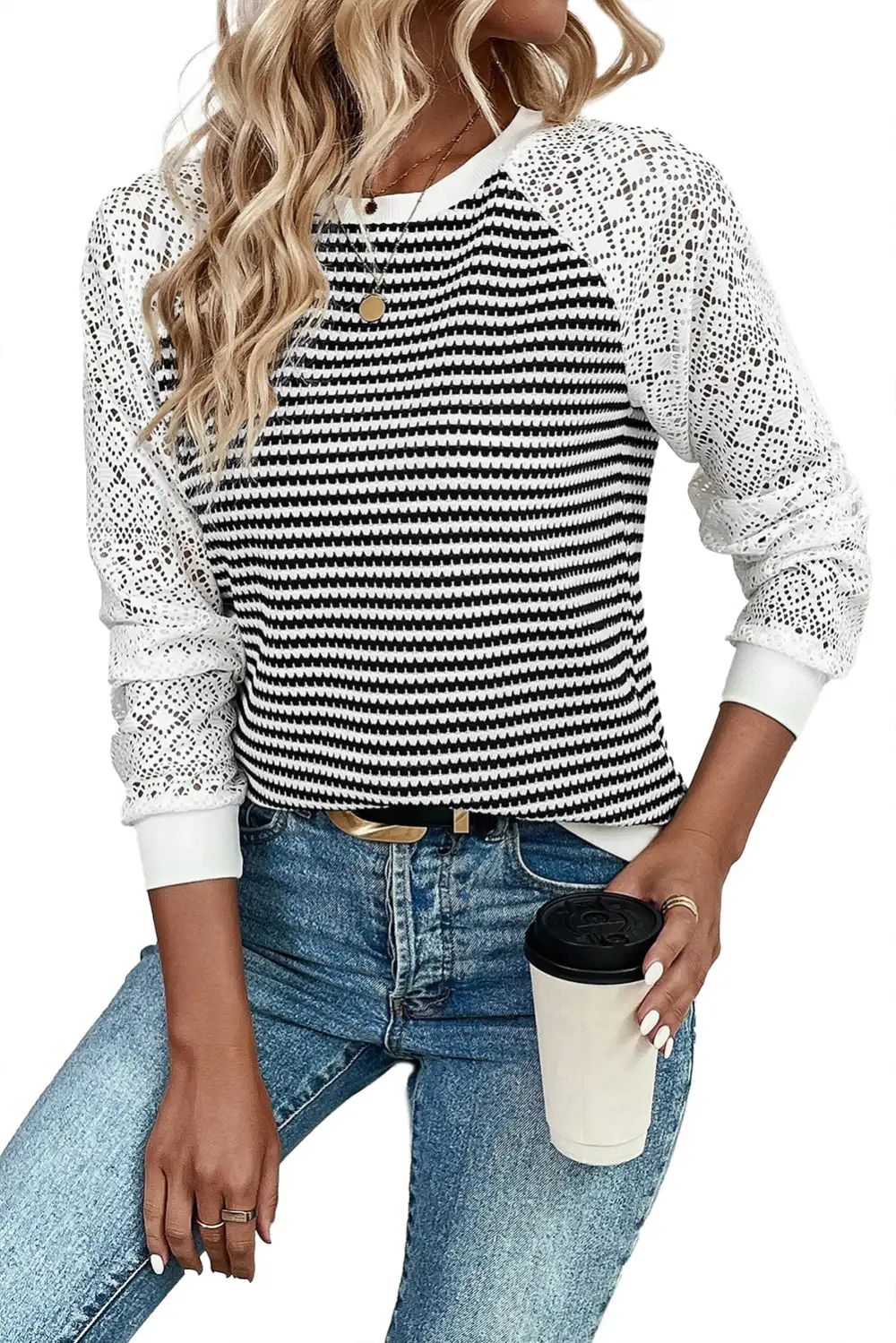 Striped Lace Trim Knit Top