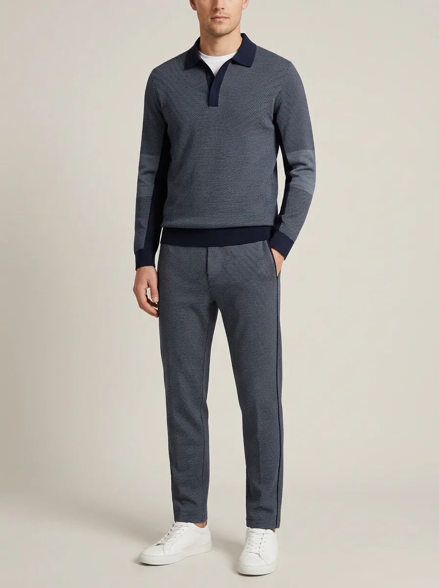 Men's Casual Textured Minimal Polo Collar Jacket and Jogger Pants Set