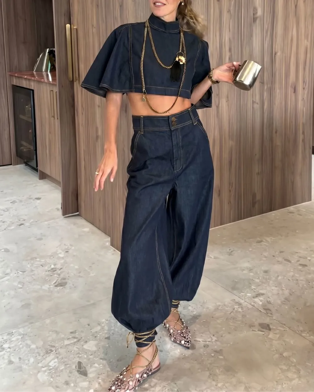 Modern Denim Capelet and High-Waist Tapered Pants Two-Piece Set