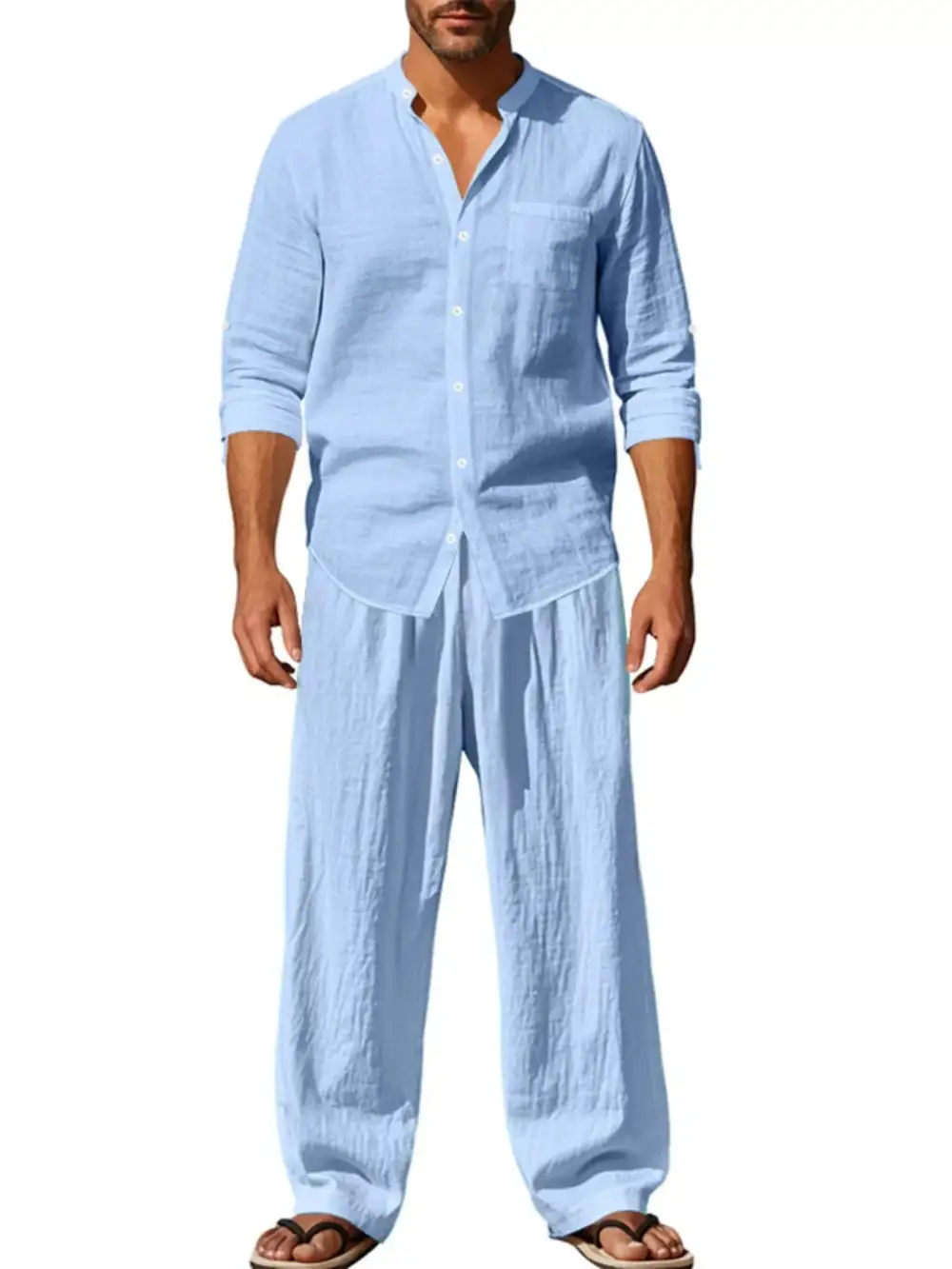 Button Up Long Sleeve Shirt and Pants Two Piece Set