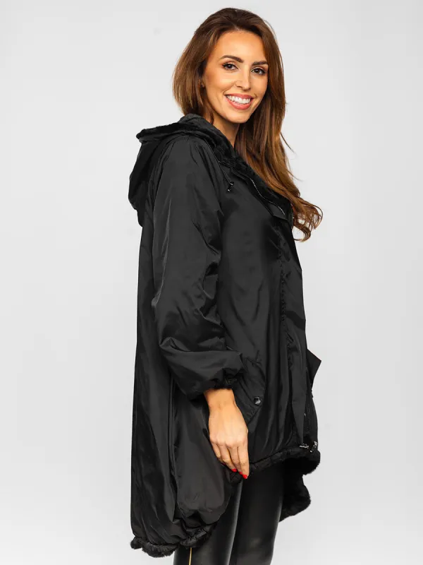Black Women's Long Quilted Winter Jacket With Hood