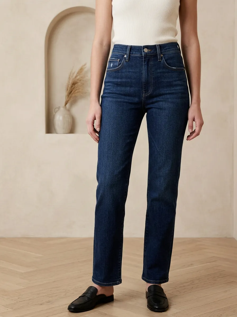 Women's High-Rise Dark Wash Straight Leg Denim Jeans