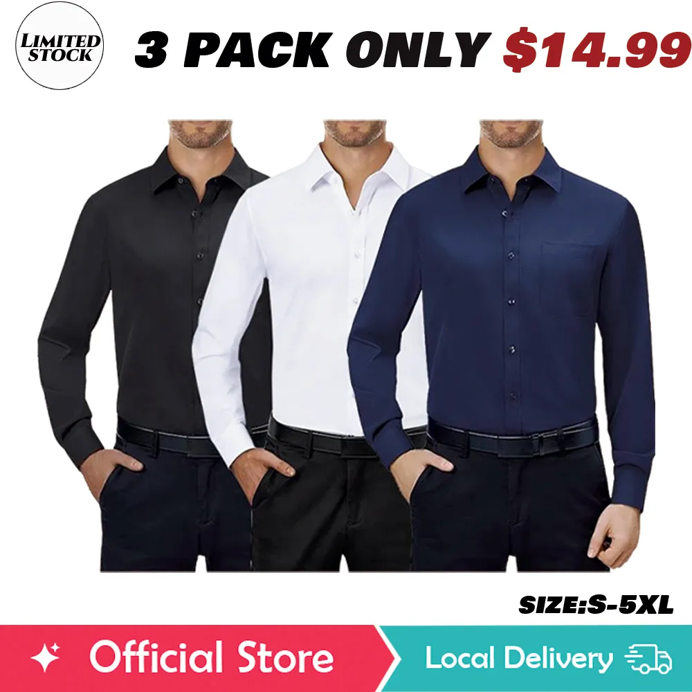 3/6-Pack Men'S Dress Shirts 4-Way Stretch Long Sleeve Collared Solid Wedding Dating Button Down Shirts Casual Breathable Outfits Menswear