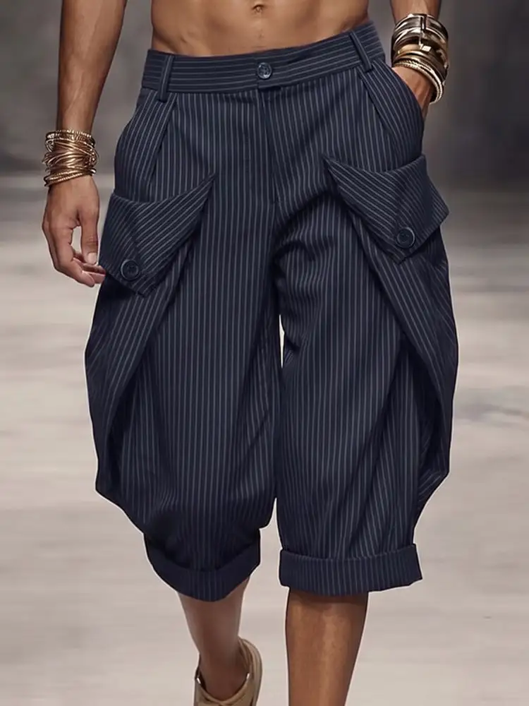 Men's Casual Pinstripe Rolled Hem Cargo Shorts