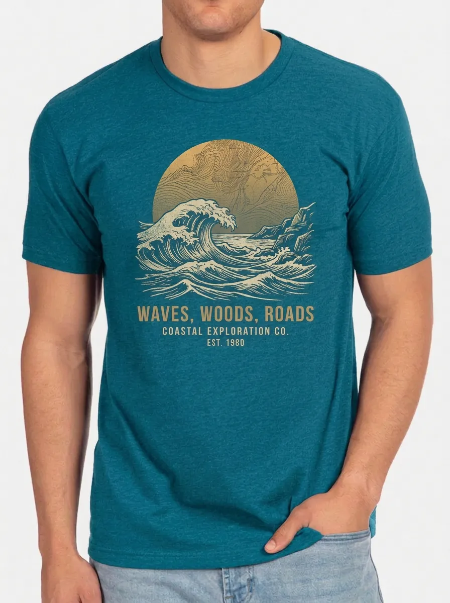 Men's Coastal Exploration Waves Woods Roads Printed T-shirt