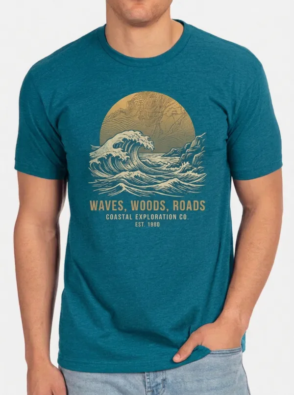 Men's Coastal Exploration Waves Woods Roads Printed T-shirt