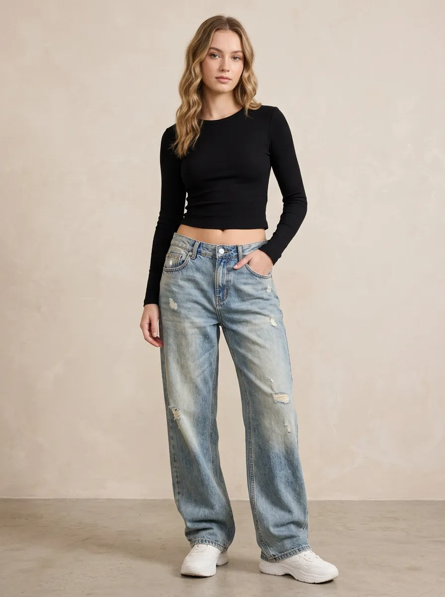 Women's Distressed Vintage Wash Wide Leg Denim Jeans