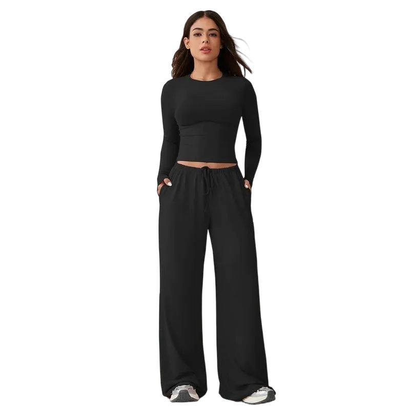 Women's 2-Piece Activewear Set Long-Sleeve Crop Top & Wide-Leg Pants Stretchy Fabric for Yoga