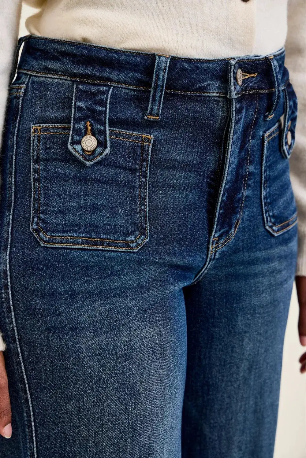 High Rise Raw Hem Patch Pocket Wide Leg Jeans