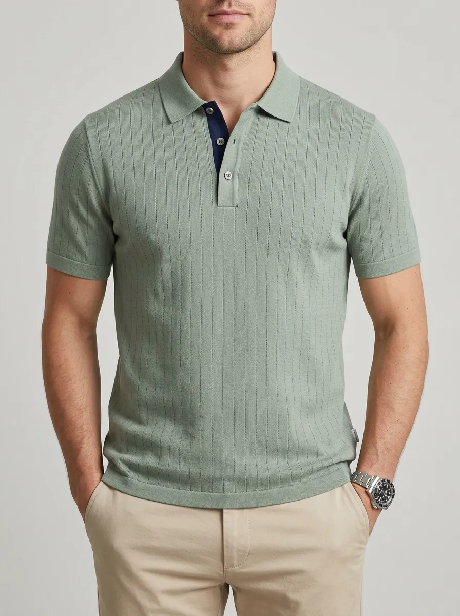 Men's Sage Green Ribbed Knit Contrast Placket Polo Shirt