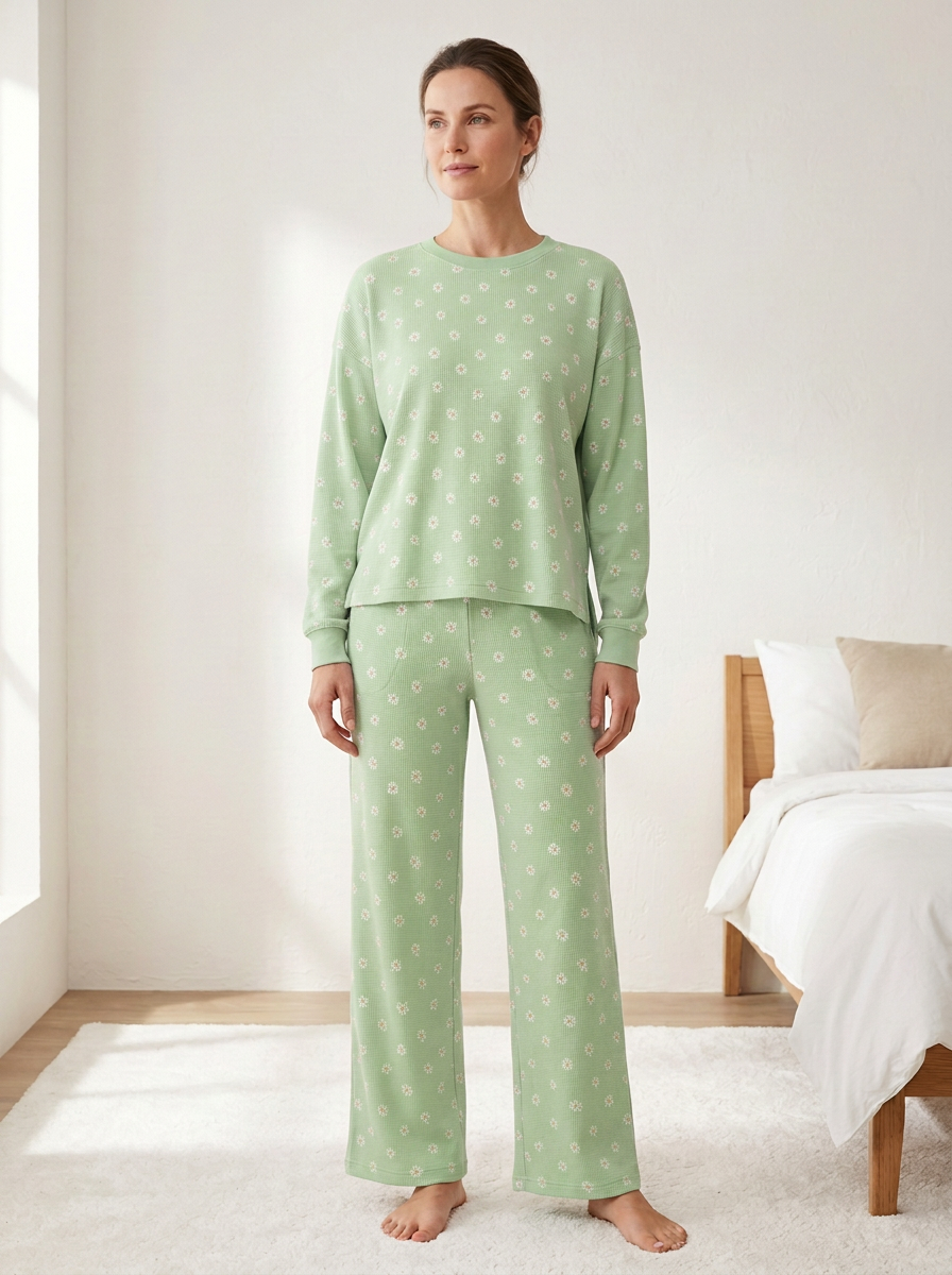 Women's Floral Waffle-Texture Patch-Pocket Wide-Leg Lounge Set