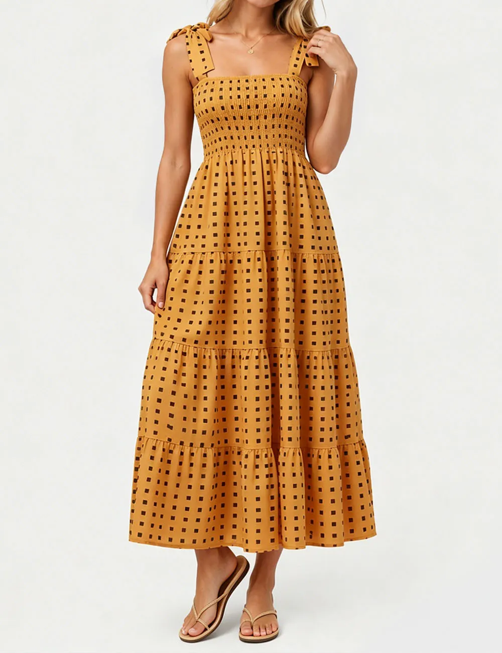 Abstract Smocked Strap Square Neck Midi Dress