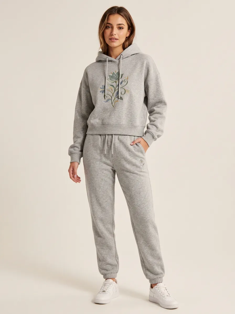 Women's Heather Grey Cuffed Pants Solid Hoodie & Pants Set