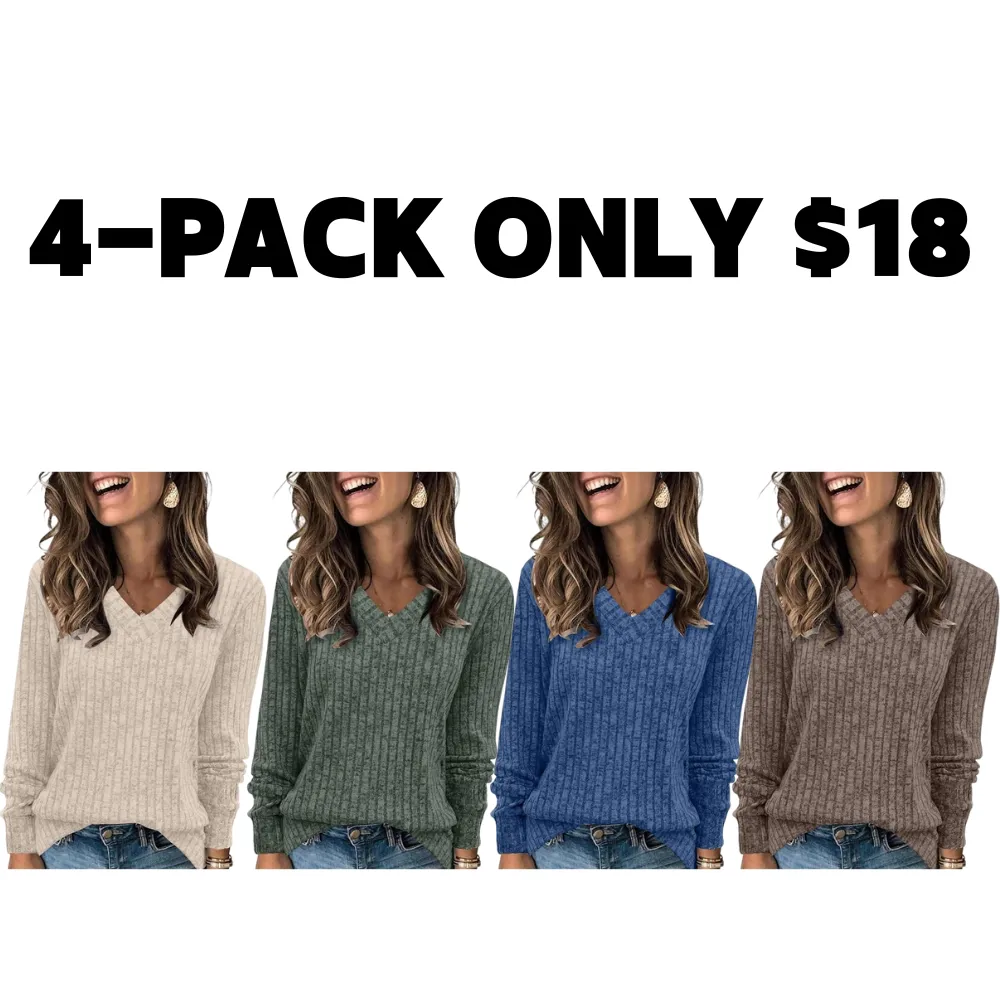 Women's V-Neck Long Sleeve Knit Sweater | Lightweight | Oversized Loose Fit Sweater for Layering