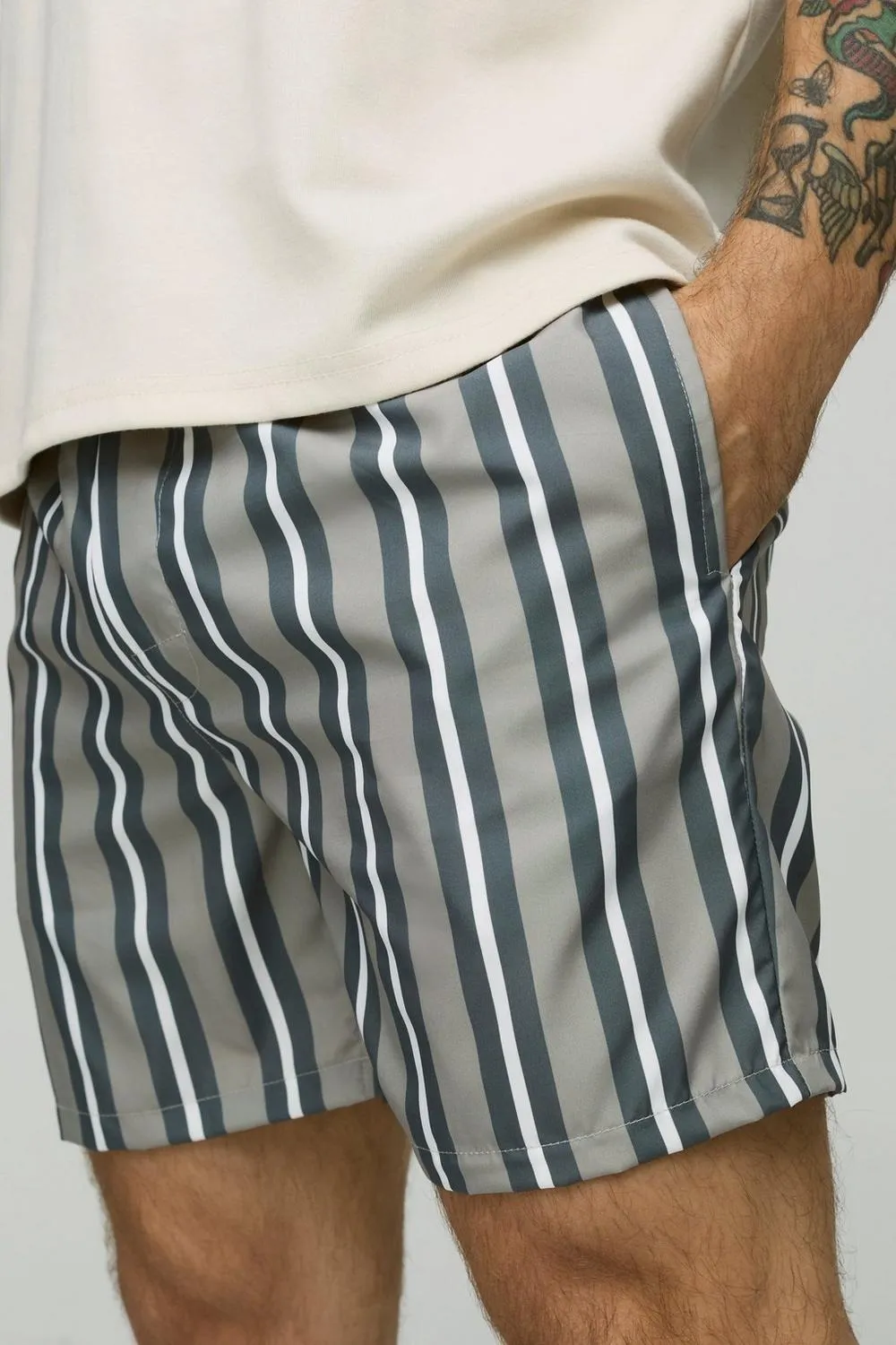 Charcoal Regular Mid Length Stripe Swim Trunks