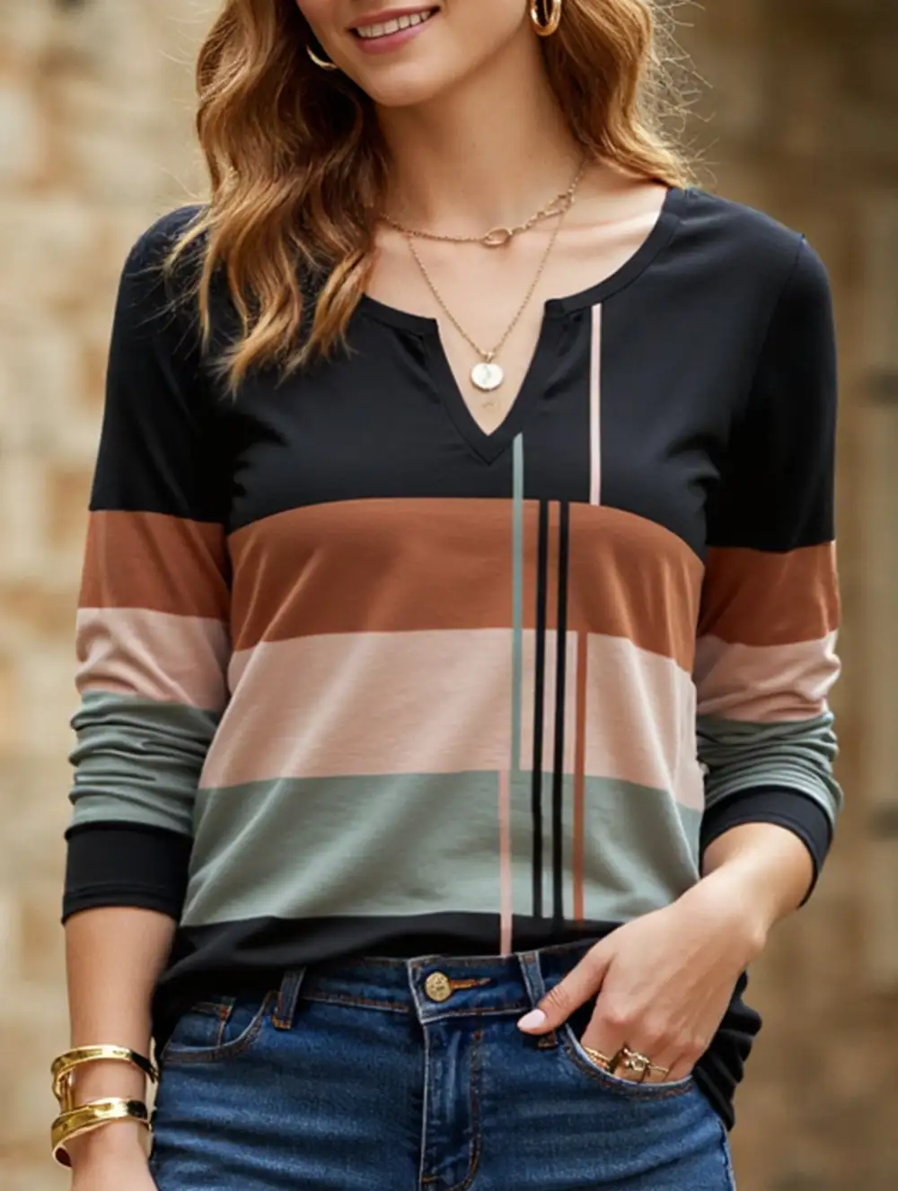 Round Neck Striped Long-Sleeved Tee