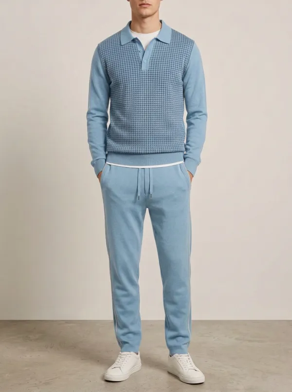 Men's Nature Inspired Houndstooth Polo Collar Jacket and Jogger Pants Set