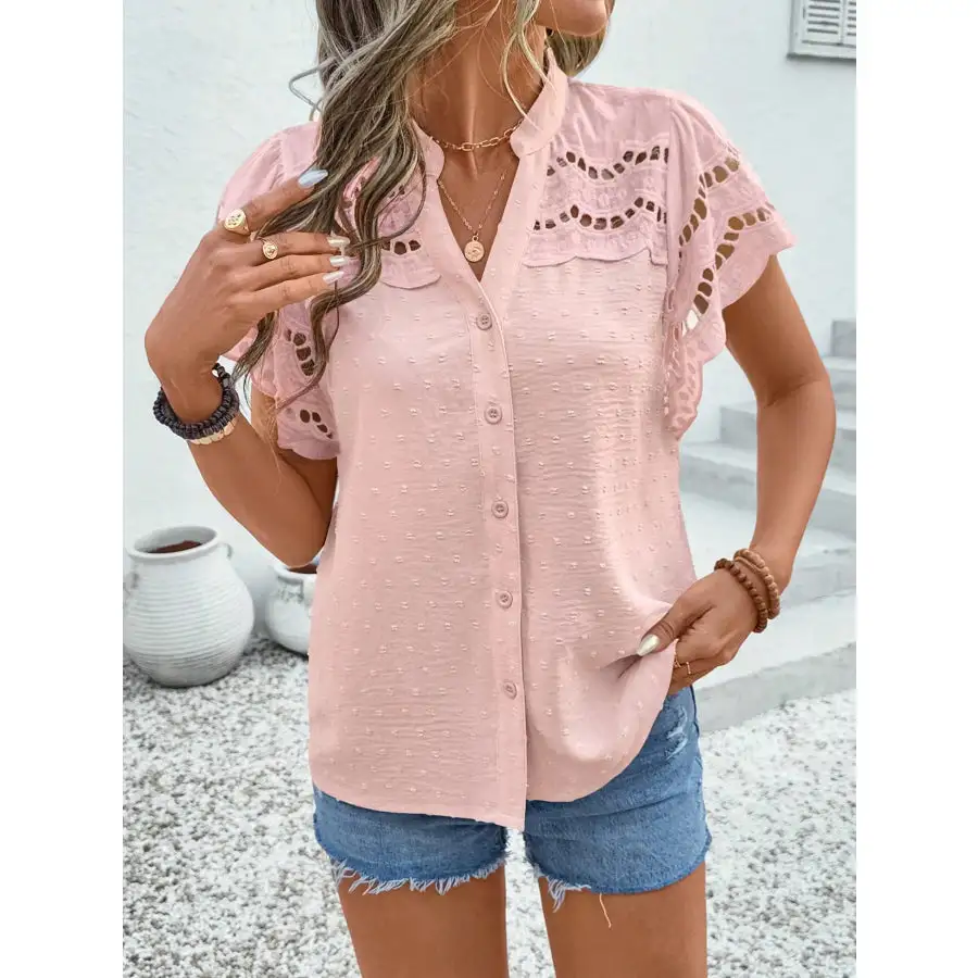 Swiss Dot Cutout Button Down Shirt