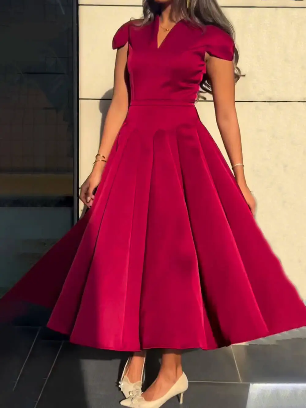 Elegant Pleated V Neck Waisted Flared Midi Dress