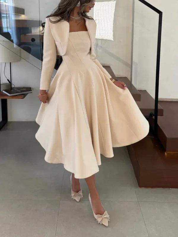 Elegant Long Sleeved Cropped Blazer And Midi Dress