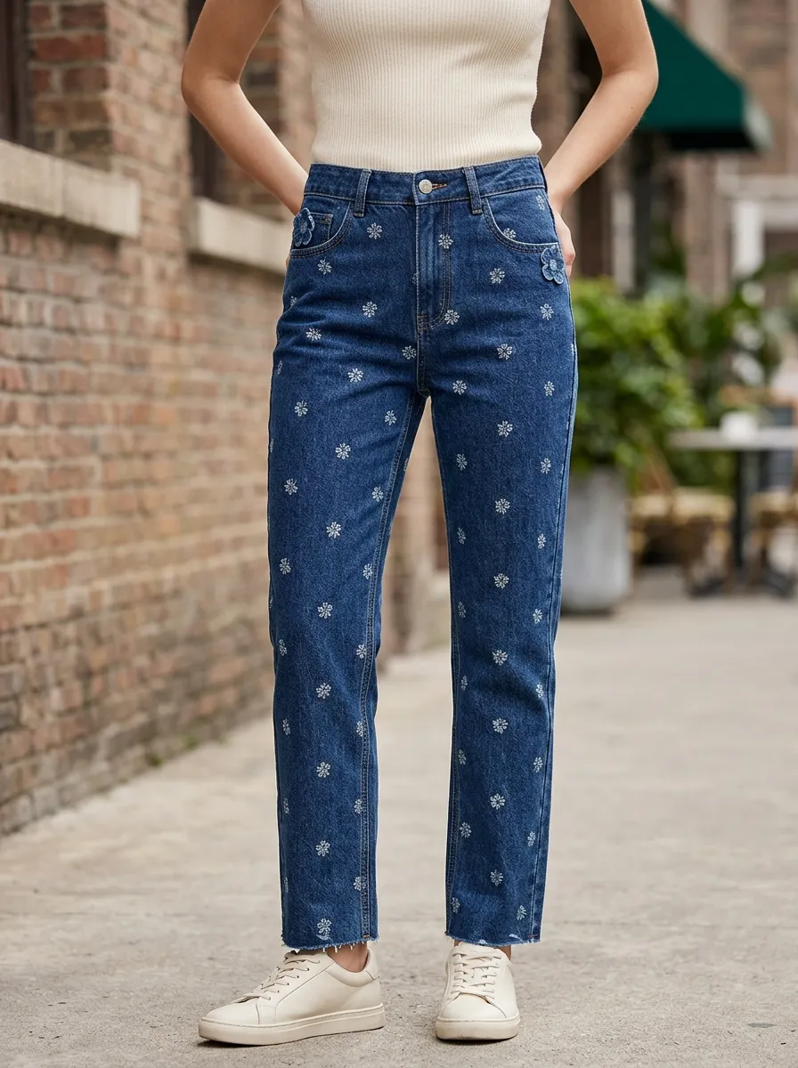 Women's Floral Patterned Denim Printed Jeans