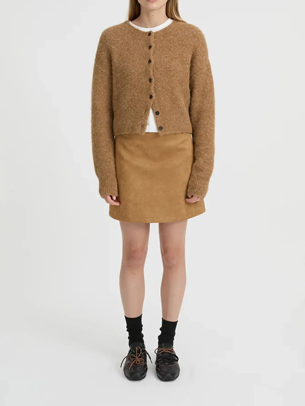 Casual Style Crew Neck Cardigan Camel