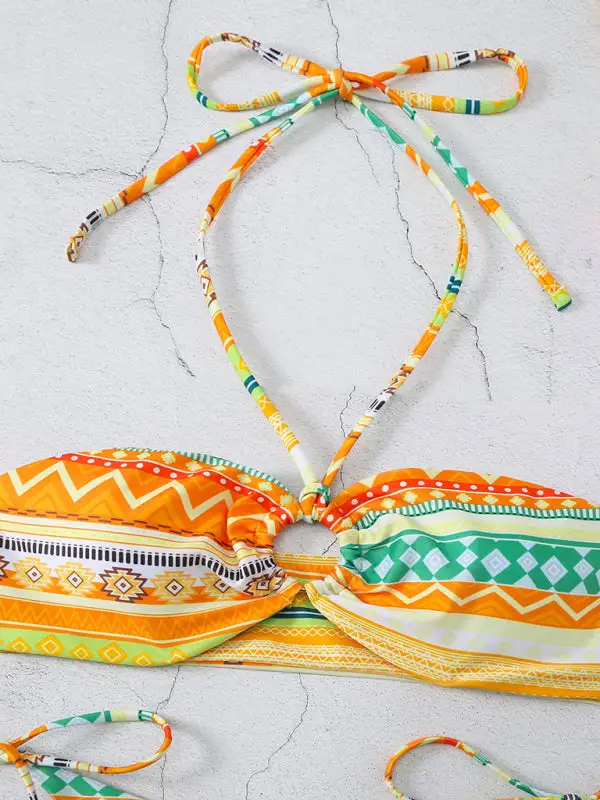 Halterneck Lace Up Adjustable Briefs Printed Swim Set