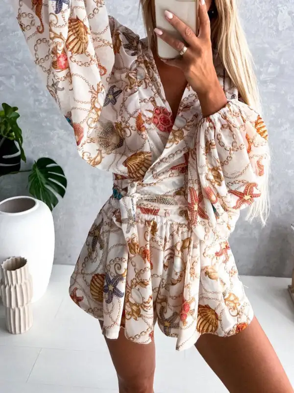 Woven Floral Long Sleeved V Neck Shorts
