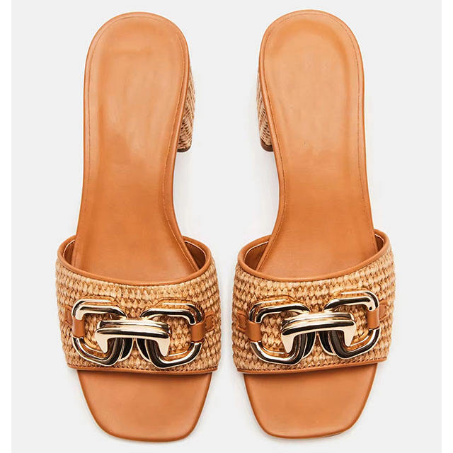 Verona Gold Chain Raffia Chunky Heel Sandals