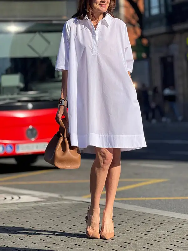 A Line Short Sleeve Solid Color Split Joint Lapel Mini Dress