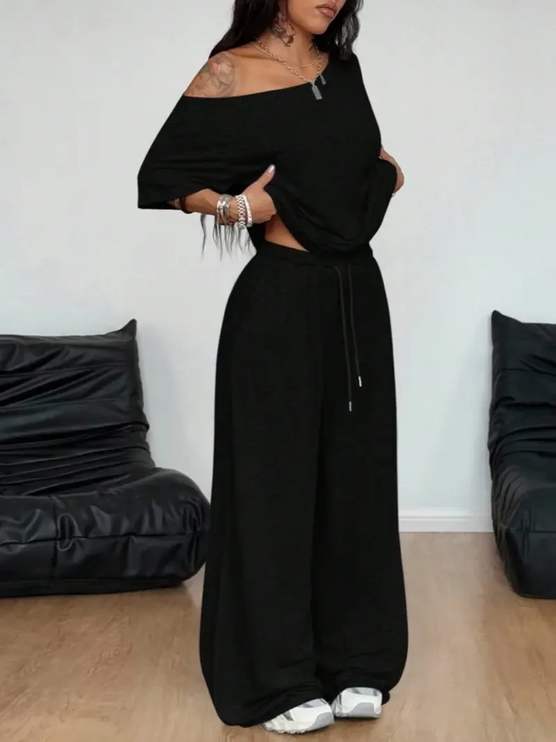 🔥Hot Sale💥Women's Off-Shoulder T-Shirt And Wide-Leg Pants Two-Piece Set🔥8-SETS- All Colors Included
