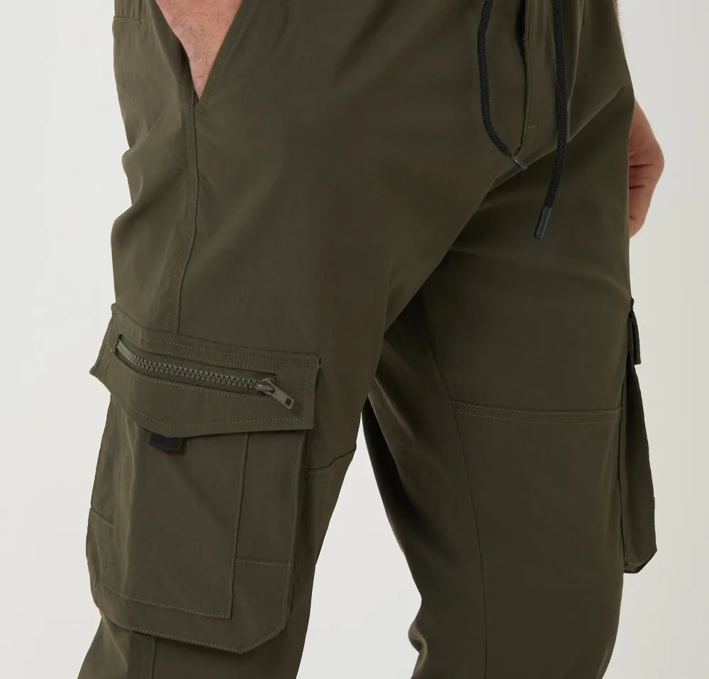 Men's Khaki Green Slim-Fit Stretch Cargo Pants