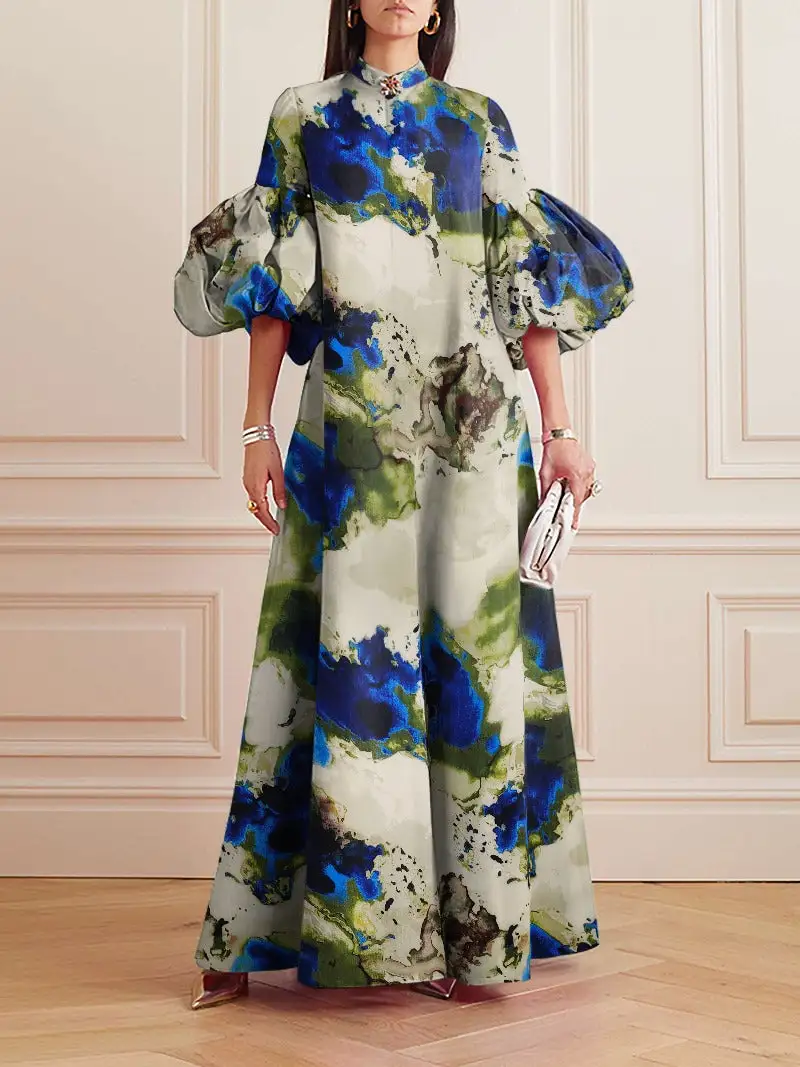 Loose Flower Shape Stand Collar Evening Dress Maxi Dress