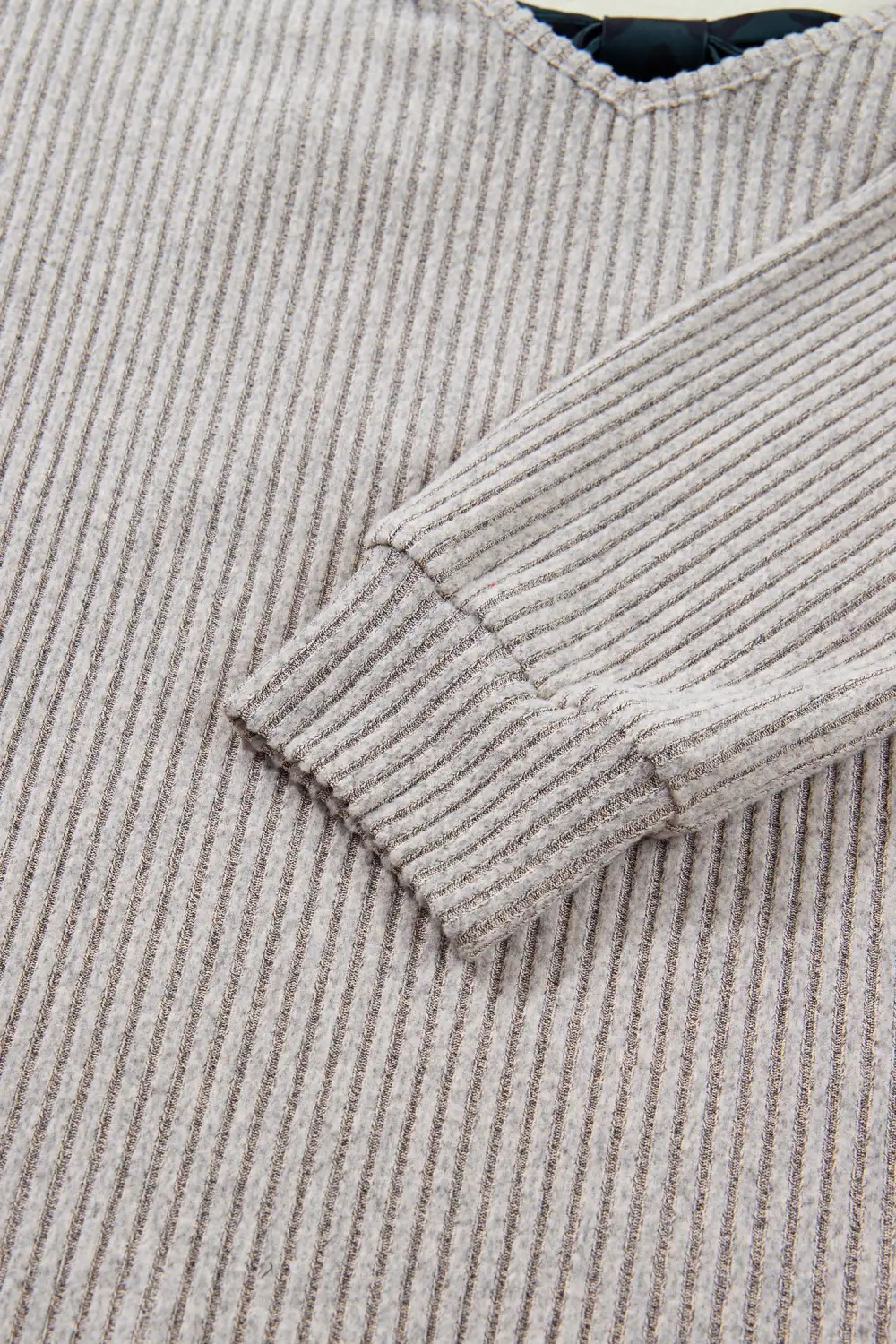 Simply Taupe Ribbed V Neck Contrast Ribbon Bow Back Drop Shoulder Long Sleeve Top