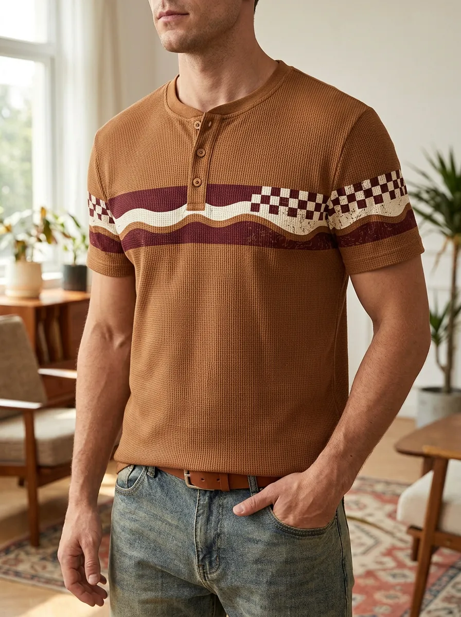 Men's Classic Retro Waffle Checkered Wave Henley T-Shirt