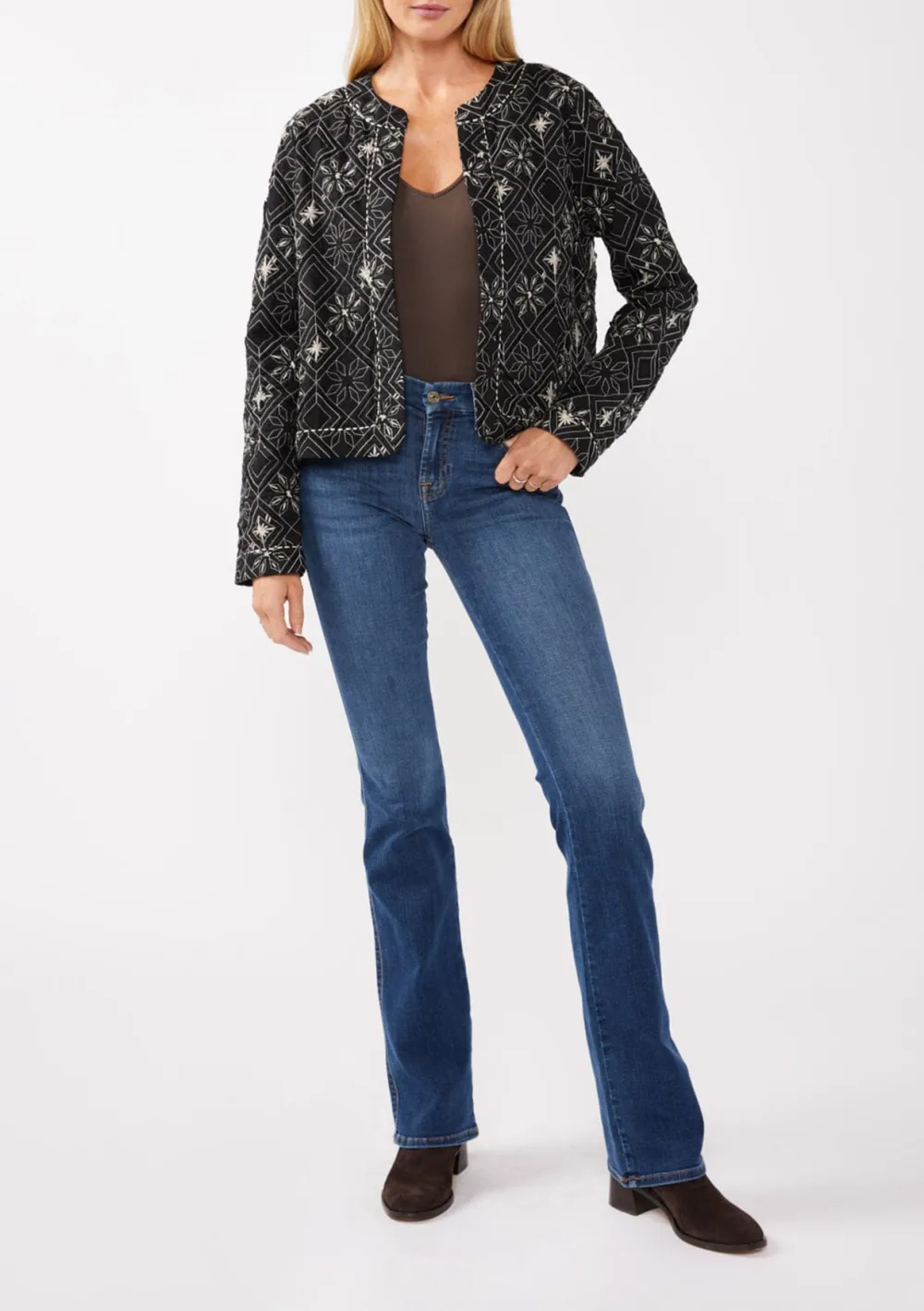 Embroidered Open Front Cropped Jacket