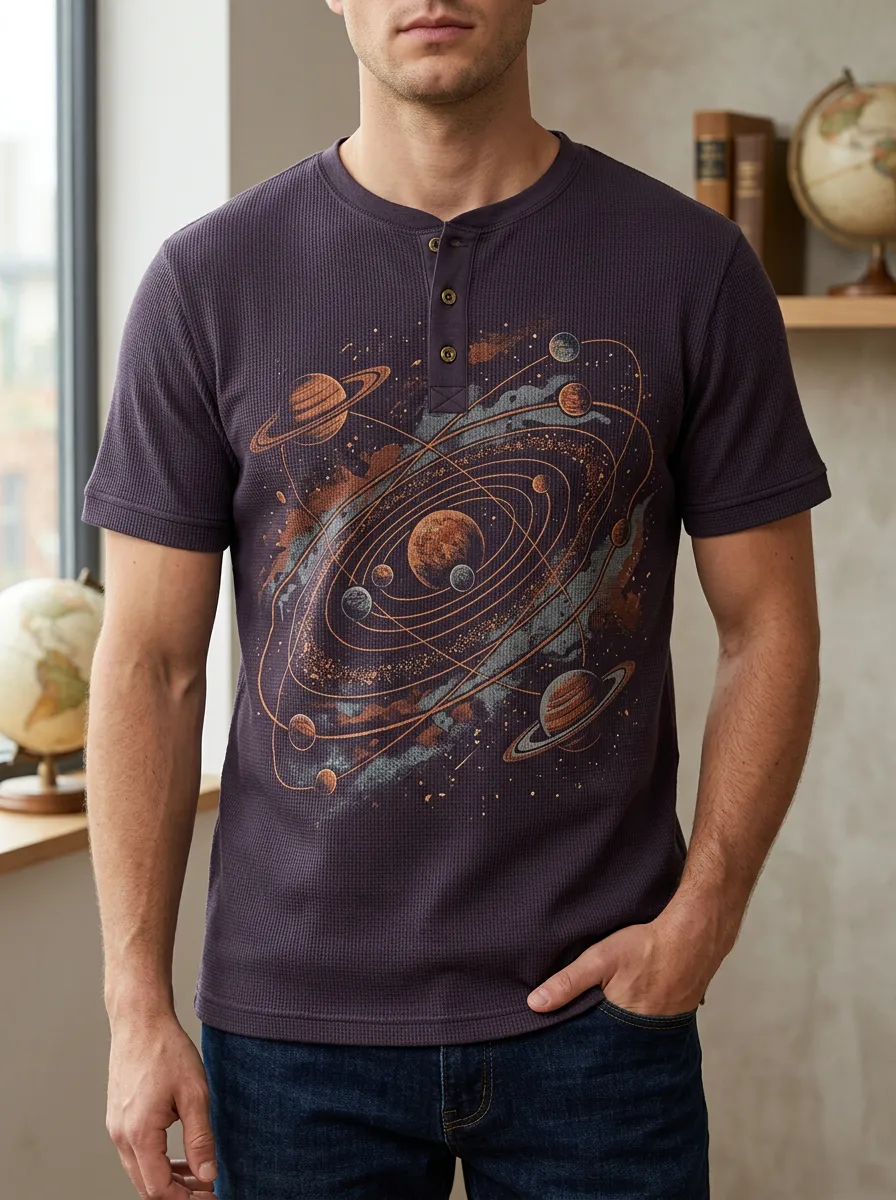 Men's Modern Astronomy Lover Solar System Henley T-Shirt