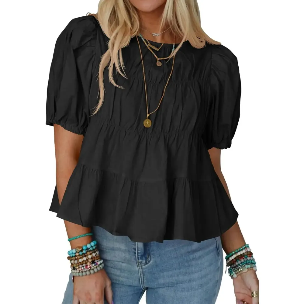 Womens Puff Sleeve Peplum Babydoll Tops