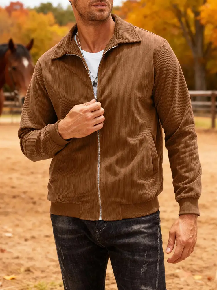 Casual Zip Up Corduroy Bomber Jacket