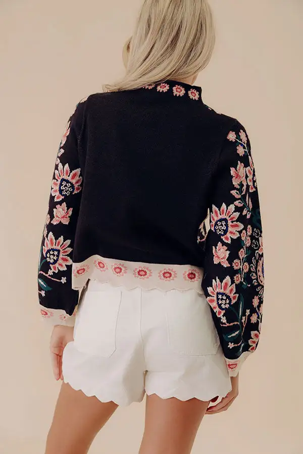 Classic Blooms Floral Knit Sweater Top In Black