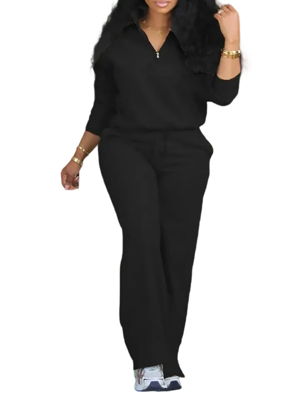 Women's Solid Half Placket Split Hem Pants Set