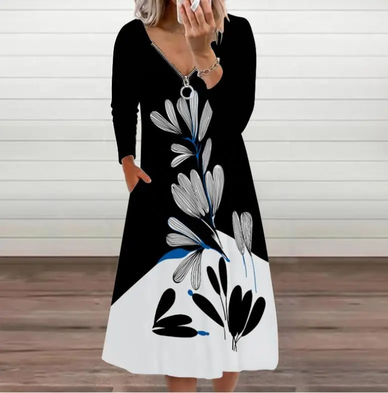 Zipper Printed V-Neck Long Sleeve Dress