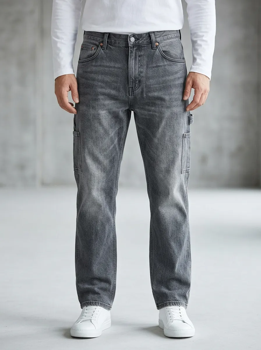Streetwear Washed Utility Cargo Jeans