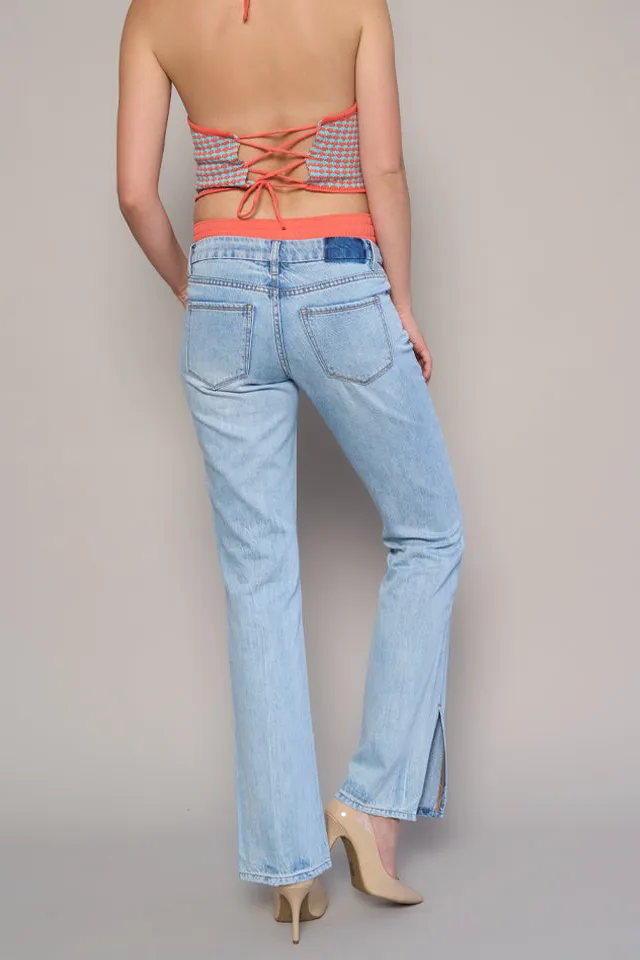 Women's Low Rise Side Slit Slim Straight Rigid Denim Jeans