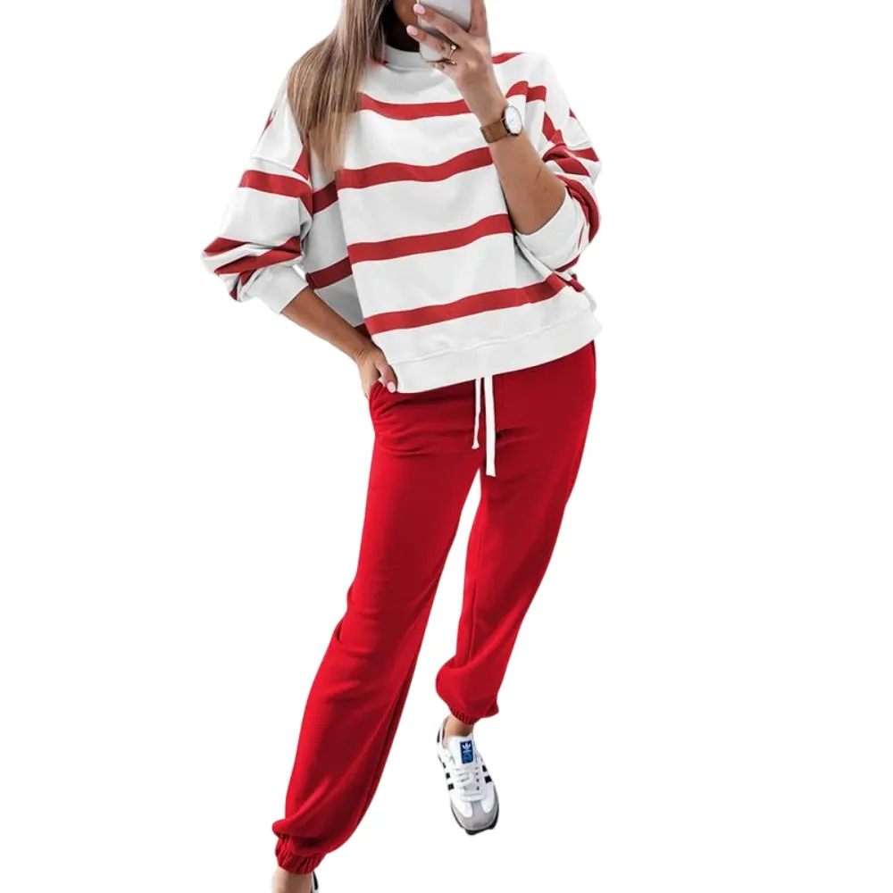 Women's Striped Two Piece Outfit Long Sleeve Drop Shoulder Pullover Tops & Jogger Pants