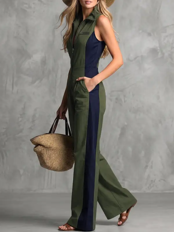 Mouwloze Jumpsuits Met Wijde Pijpen Contrasterende Kleuren En
