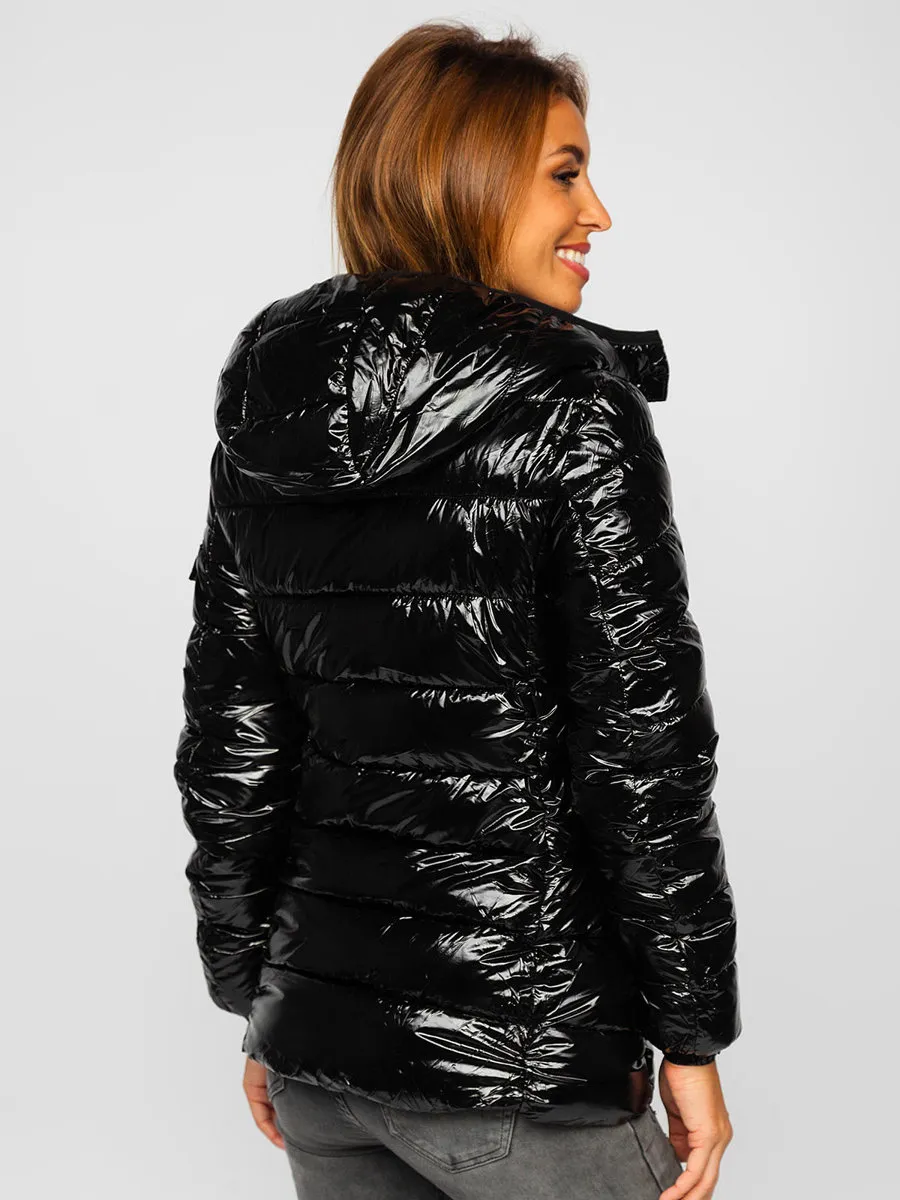 Black women's quilted winter jacket with hood