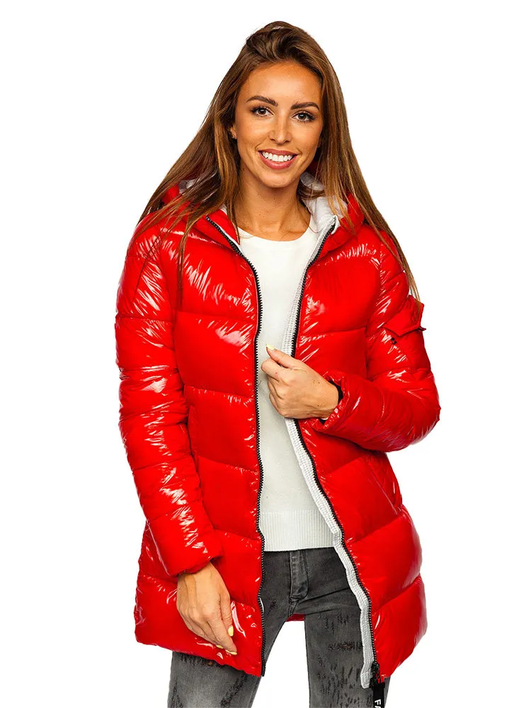 women's red quilted winter jacket with hood