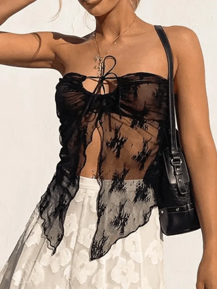 Slit Sheer Mesh Bandeau Tube Top